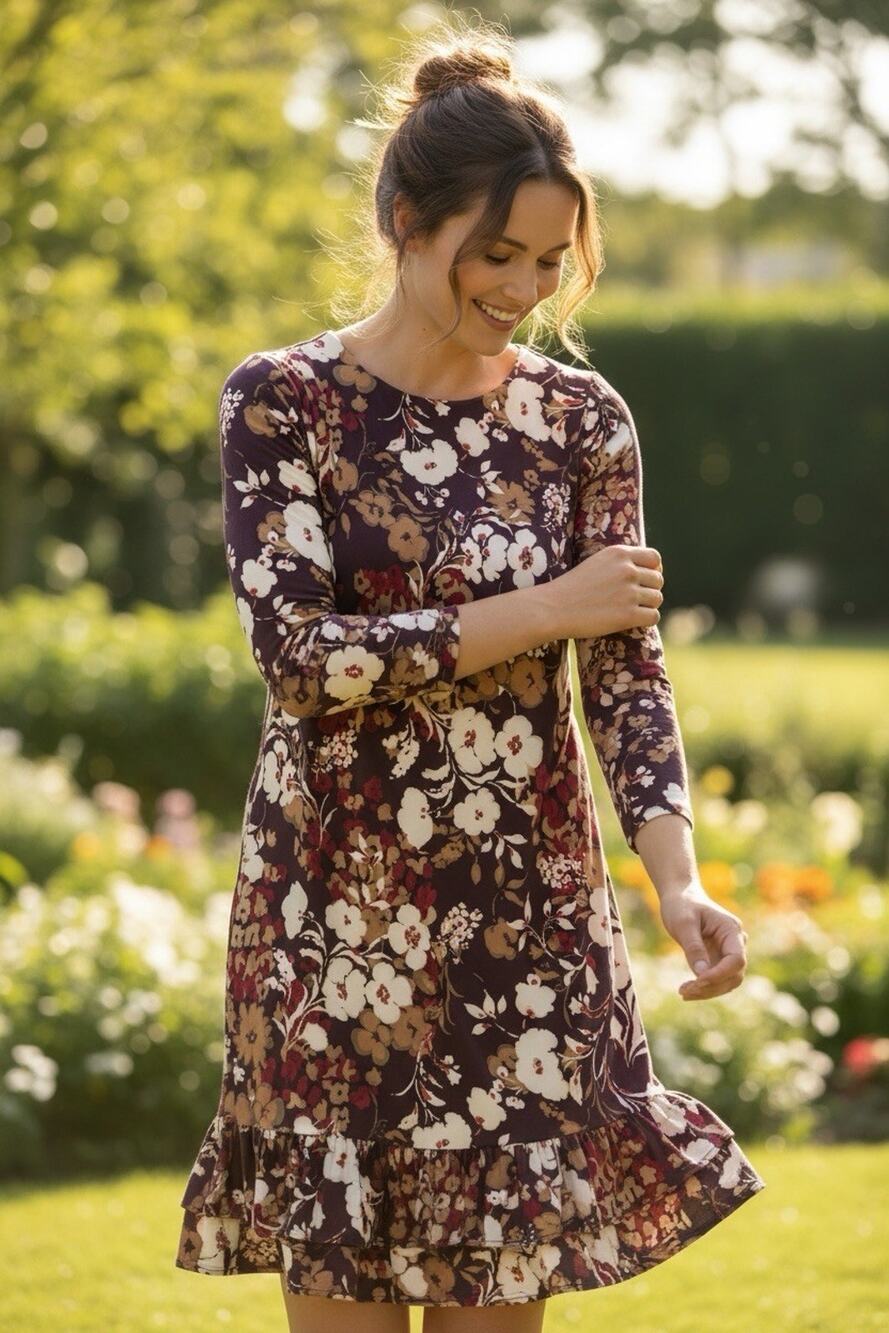 Tommy Hilfiger Women's Floral A-Line 3/4 Sleeve Ruffle Hem Dress Size 14 Fall